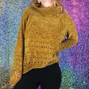 Mustard Yellow Chenille Knit Sweater Cowlneck